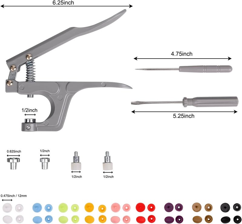LBTEE Plastic Snap Fastener Kit with Plier Screwdriver Awl and Storage Case, 100 Sets Snaps, 9 Colors T5 Buttons, 12mm Cap. Snap Plier for T3(10mm), T5(12mm), T8(15mm) Buttons, Grey - Image 5